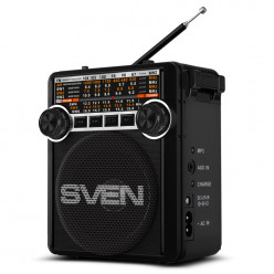 SVEN SRP-355 Black, FM/AM/SW Radio, 3W RMS, 8-band radio receiver, built-in audio files player from USB-fash, microSD and SD card storage devices, telescopic swivel antenna, built-in battery